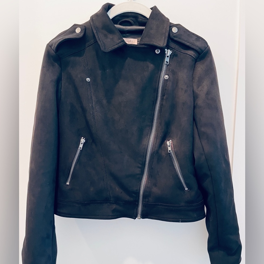 Rock it! PHILOSOPHY (EUC, Size S), Black Vegan Suede, Lined, Cropped Moto Jacket